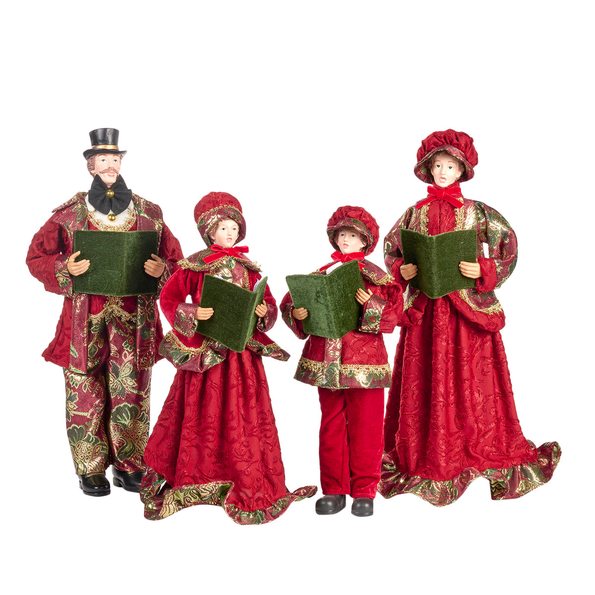 Set 4 figurine familie de colindători, din textil, roșu/auriu, 20 cm