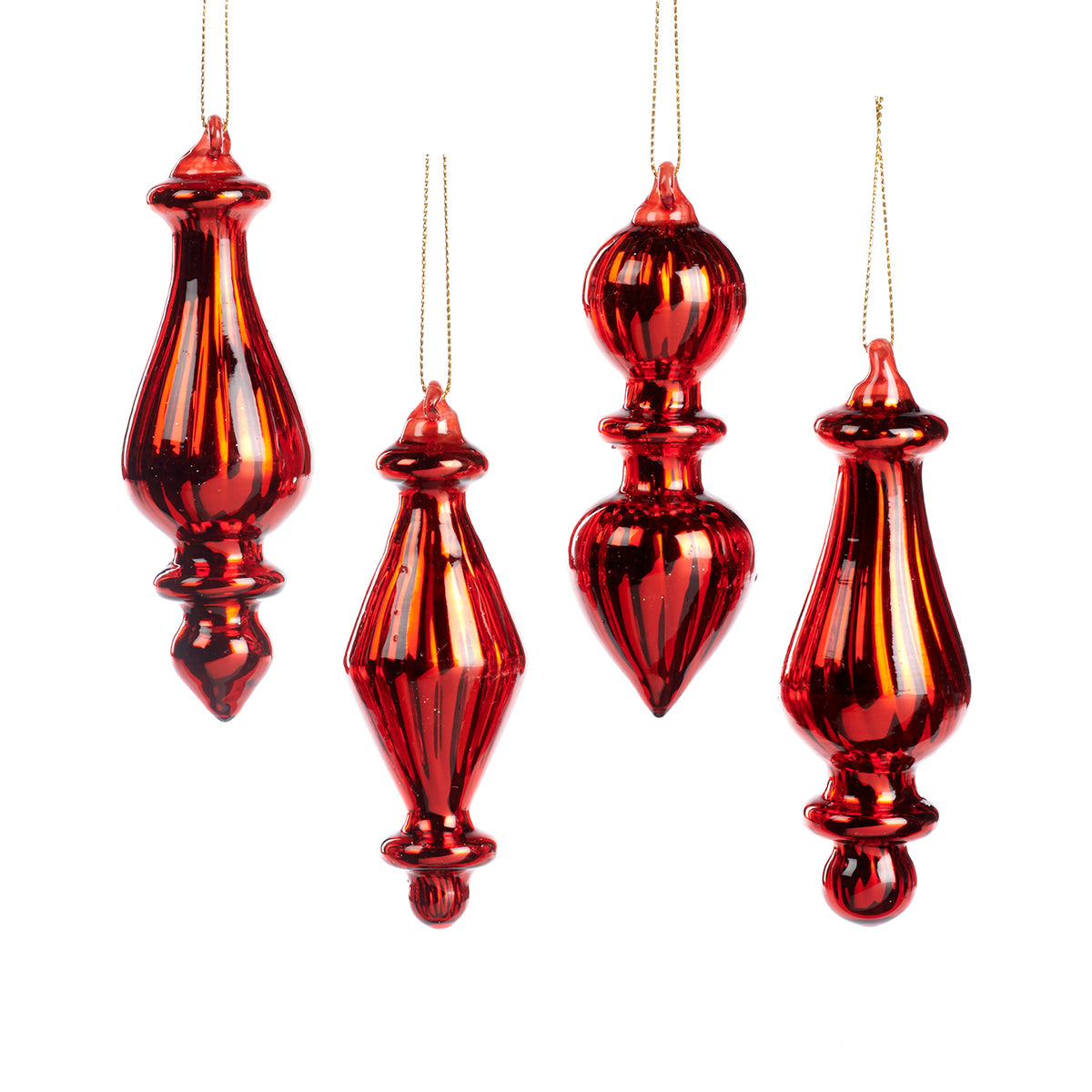 Set 4 ornamente alungite din sticlă cu dungi verticale, roșu, 12 cm