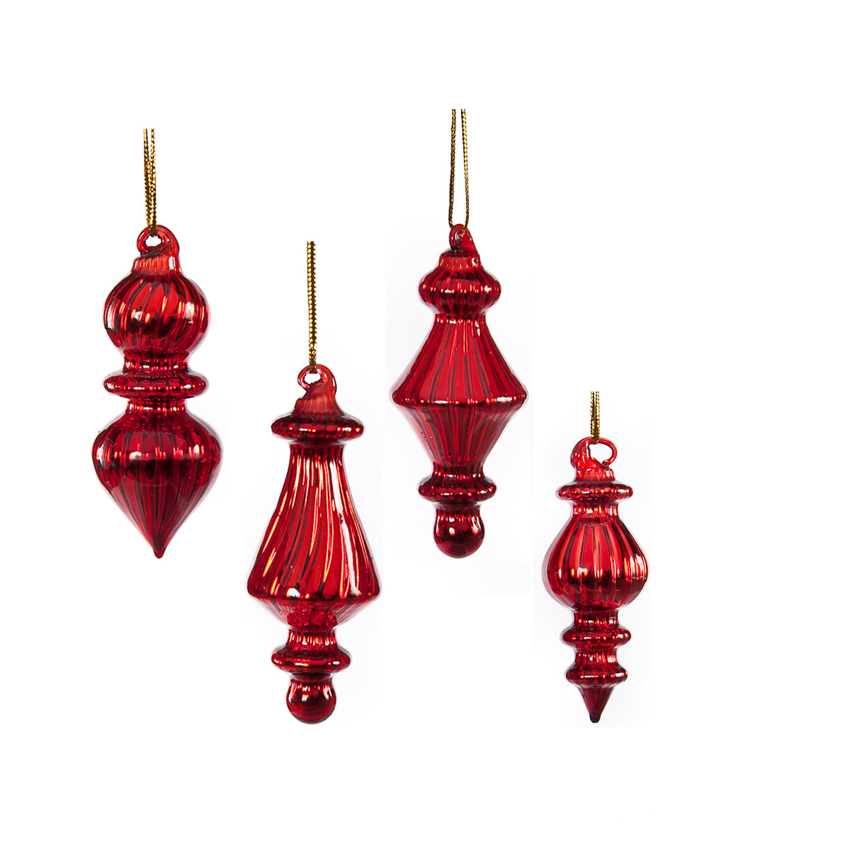 Set 4 ornamente alungite din sticlă cu linii verticale, roșu, 8 cm