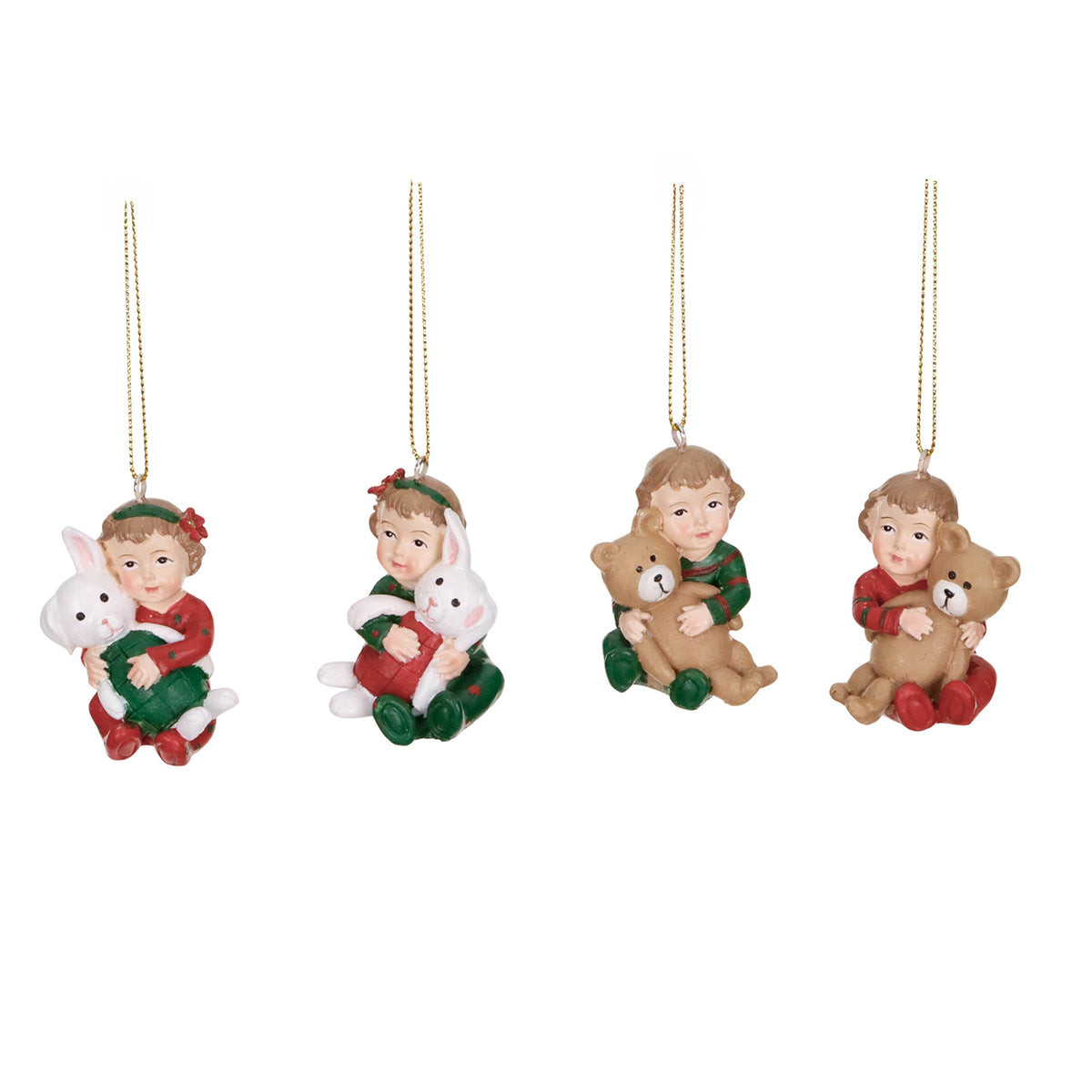 Set 4 ornamente bebeluș cu ursuleț și iepuraș de jucărie, roșu/verde, 5,5 cm