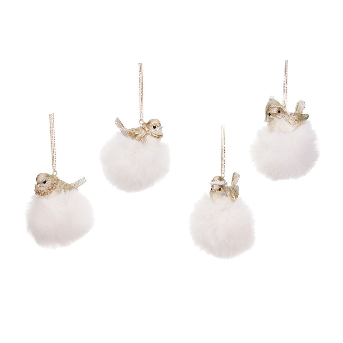 Set 4 ornamente păsărele din blăniță pe glob, crem/șampanie, 8 cm