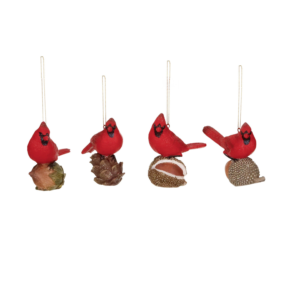 Set 4 ornamente păsări cardinal pe nucă, roșu/maro, 8,5 cm