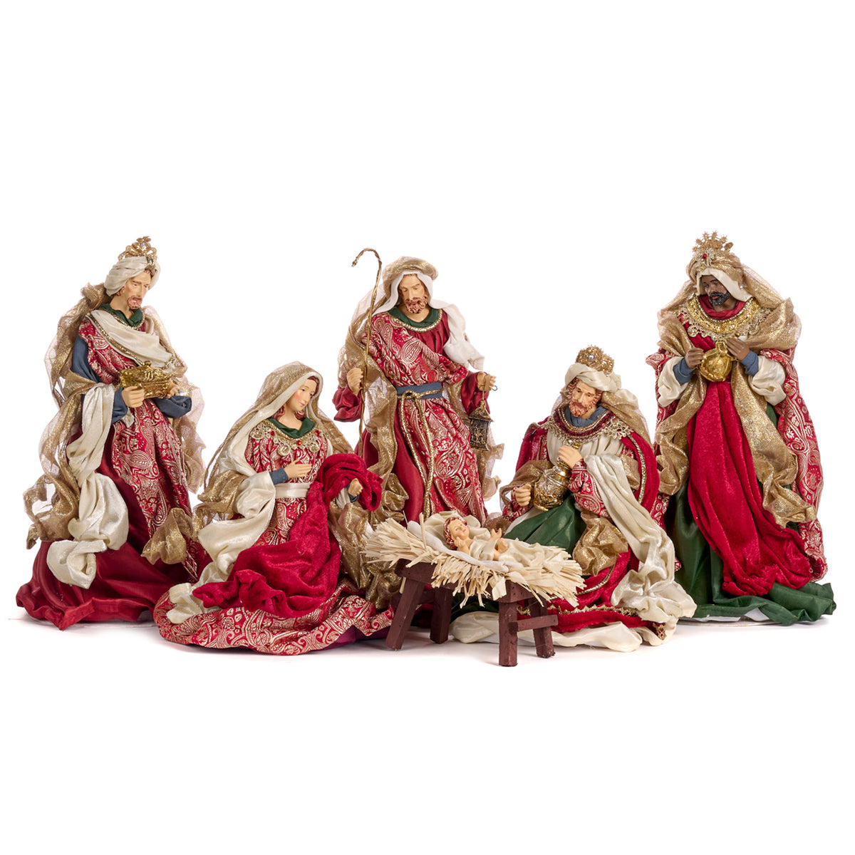 Set 6 figurine Sfânta Familie, din textil, roșu/crem, 38 cm