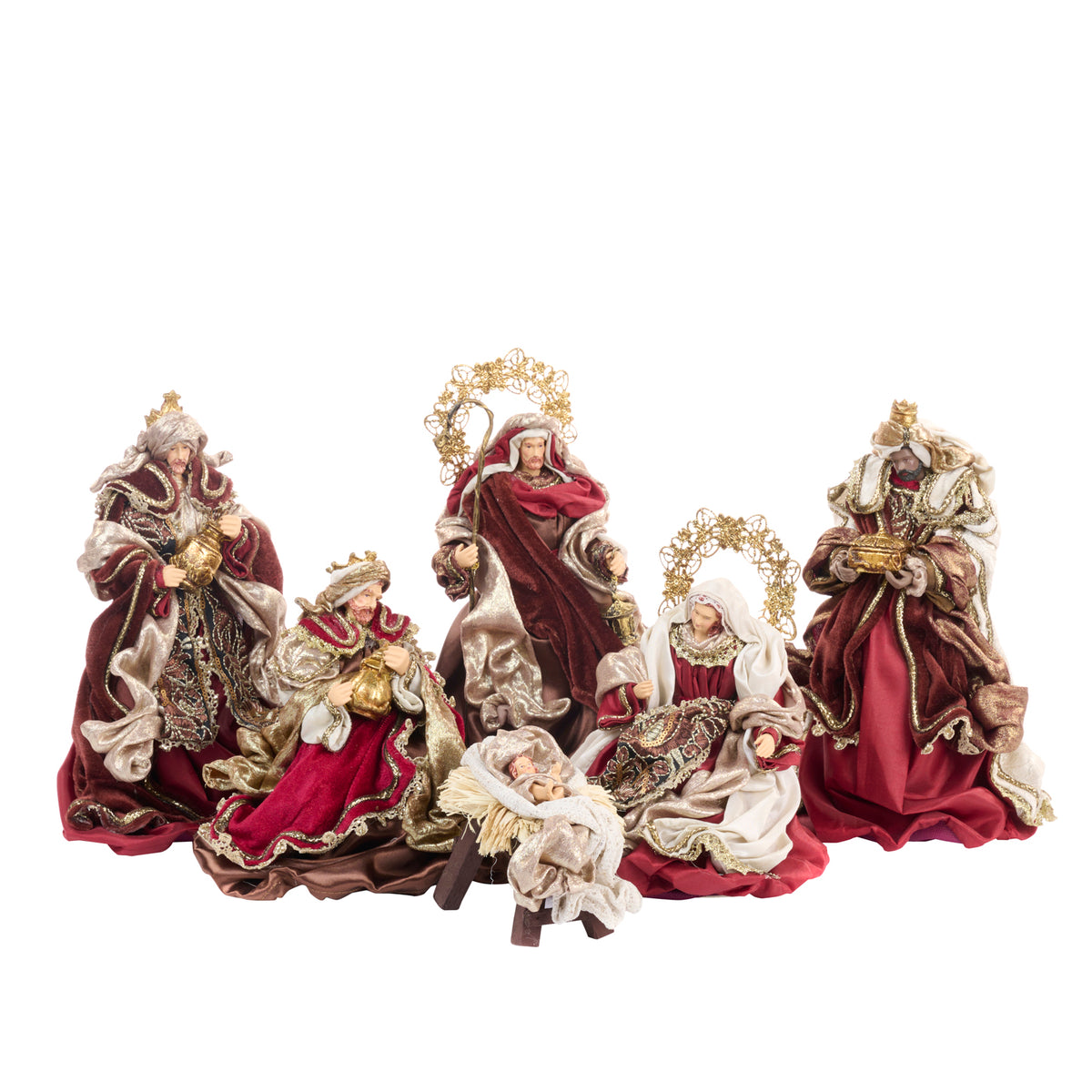 Set 6 figurine Sfânta Familie, din textil și metal, maro/burgund, 25,5 cm