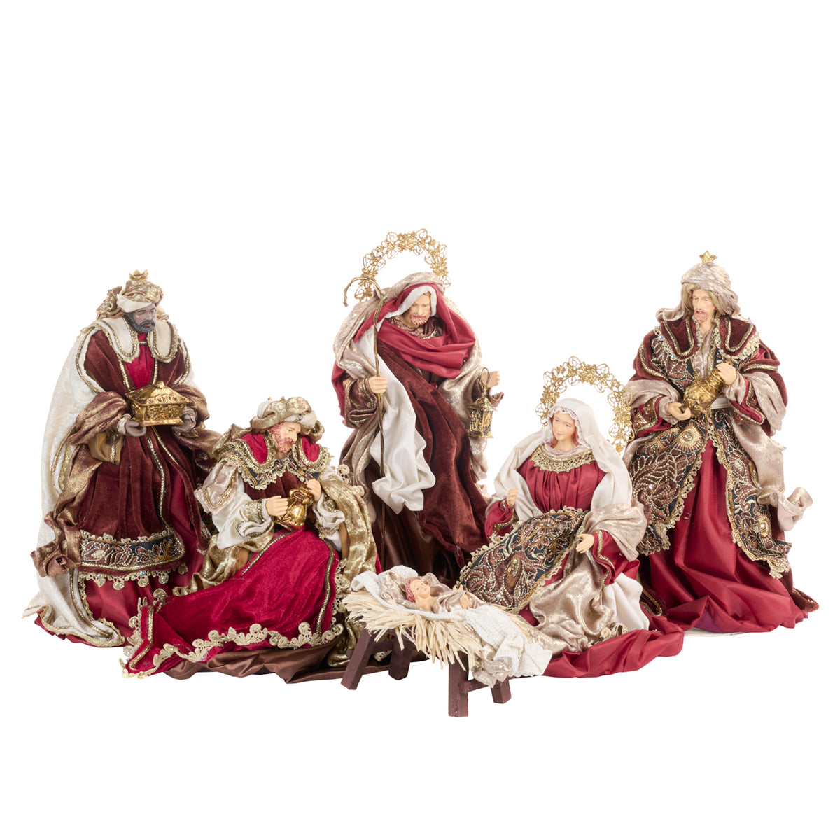 Set 6 figurine Sfânta Familie, din textil și metal, maro/burgund, 42 cm