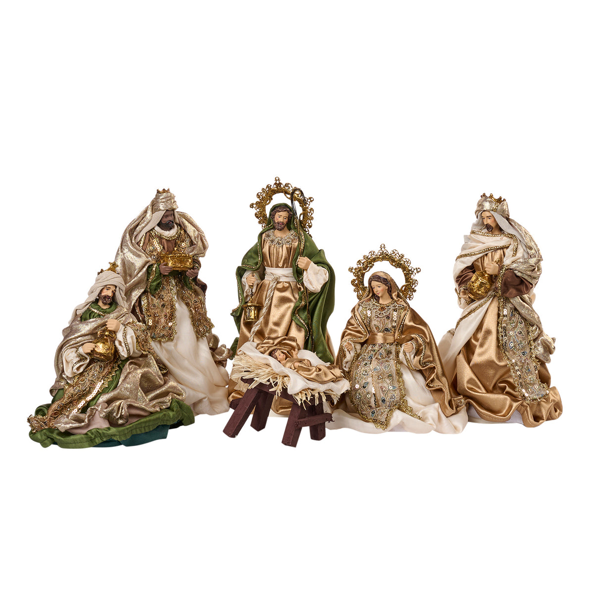 Set 6 figurine Sfânta Familie, din textil și metal, verde/crem/auriu, 25,5 cm