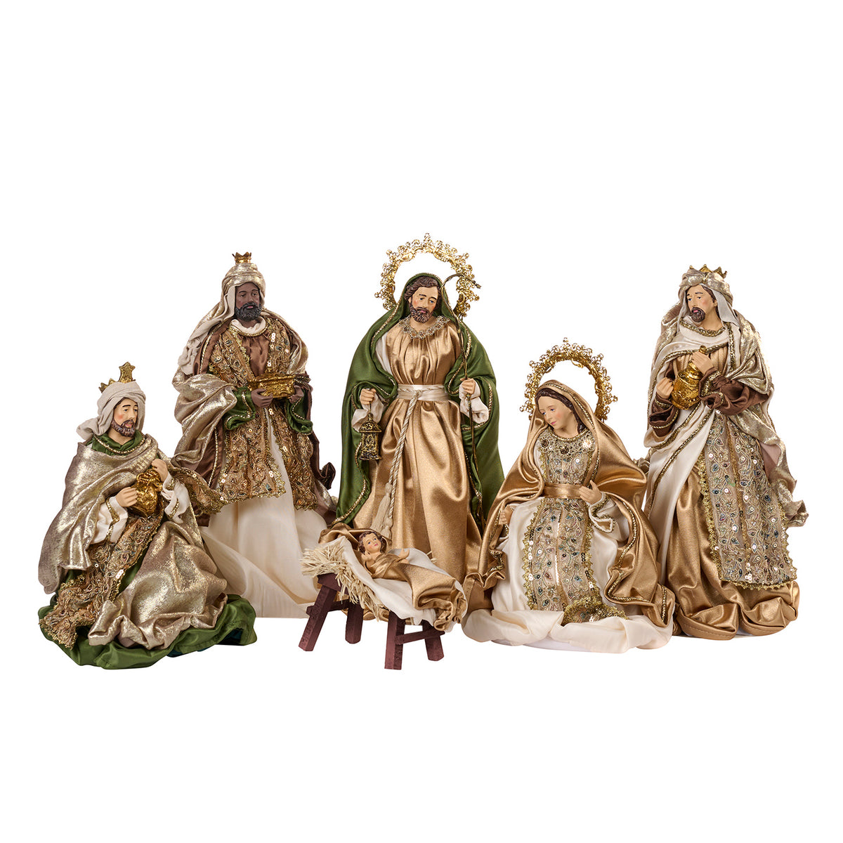 Set 6 figurine Sfânta Familie, din textil și metal, verde/crem/auriu, 42 cm