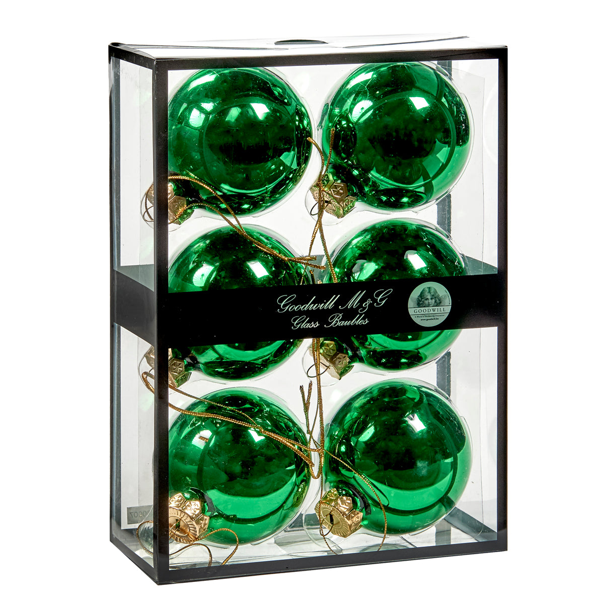 Set 6 globuri din sticlă, verde smarald lucios, 7 cm