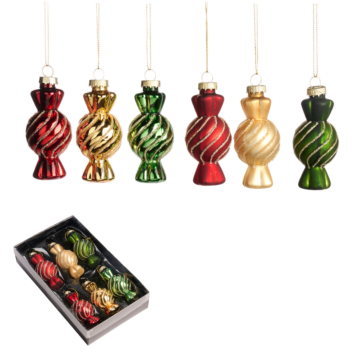 Set 6 ornamente bomboane spiralate din sticlă, roșu/verde/auriu, 9,5 cm