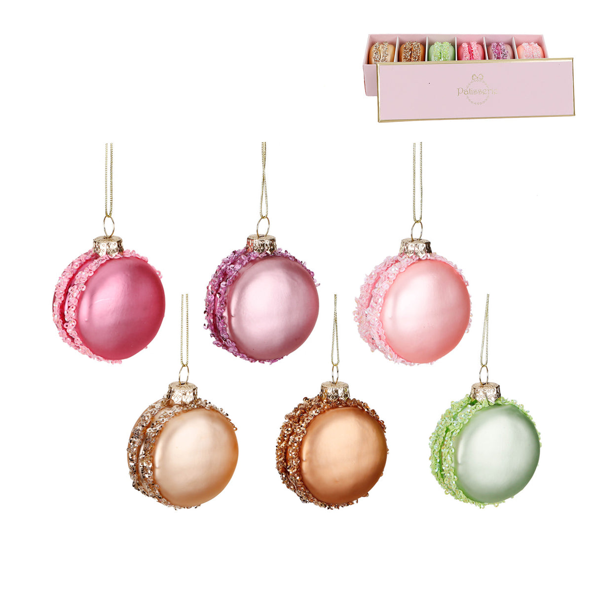 Set 6 ornamente macarons din sticlă, în cutie, multicolor