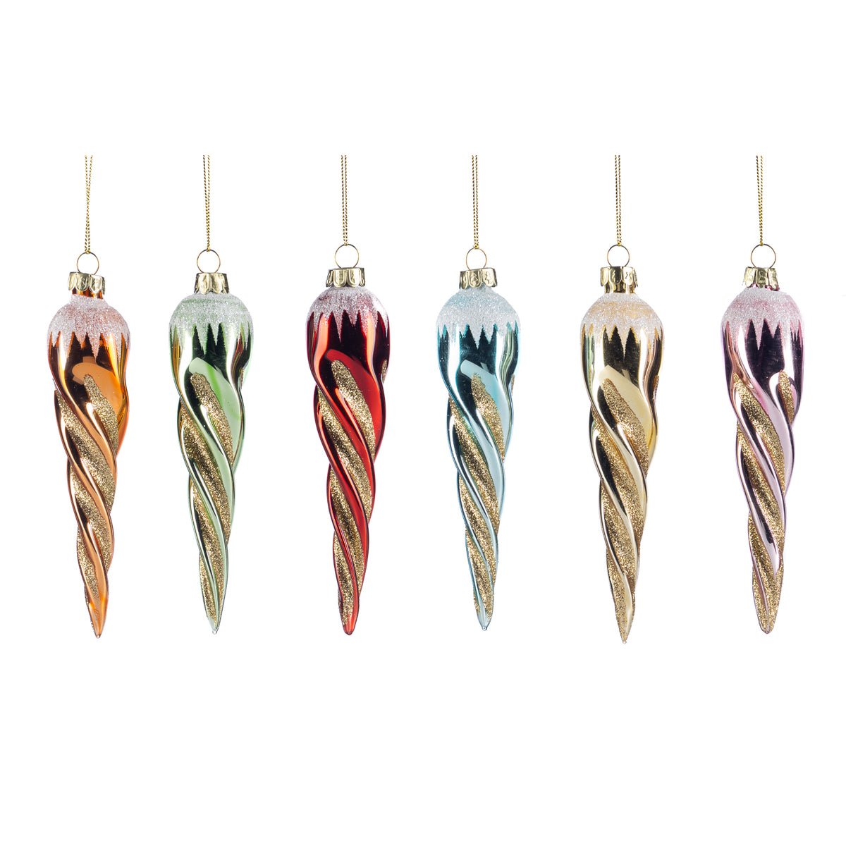 Set 6 ornamente țurțuri răsuciți din sticlă cu sclipici, multicolor, 17 cm