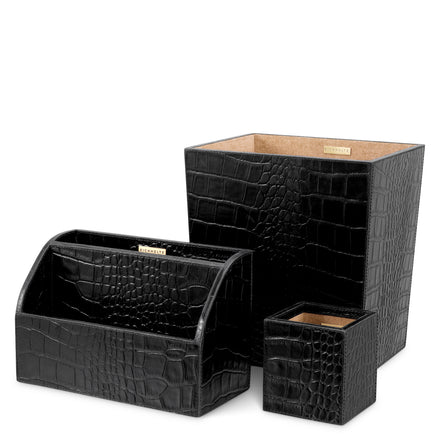 Set de birou Scaleo, piele neagră cu imprimeu croco, set de 3