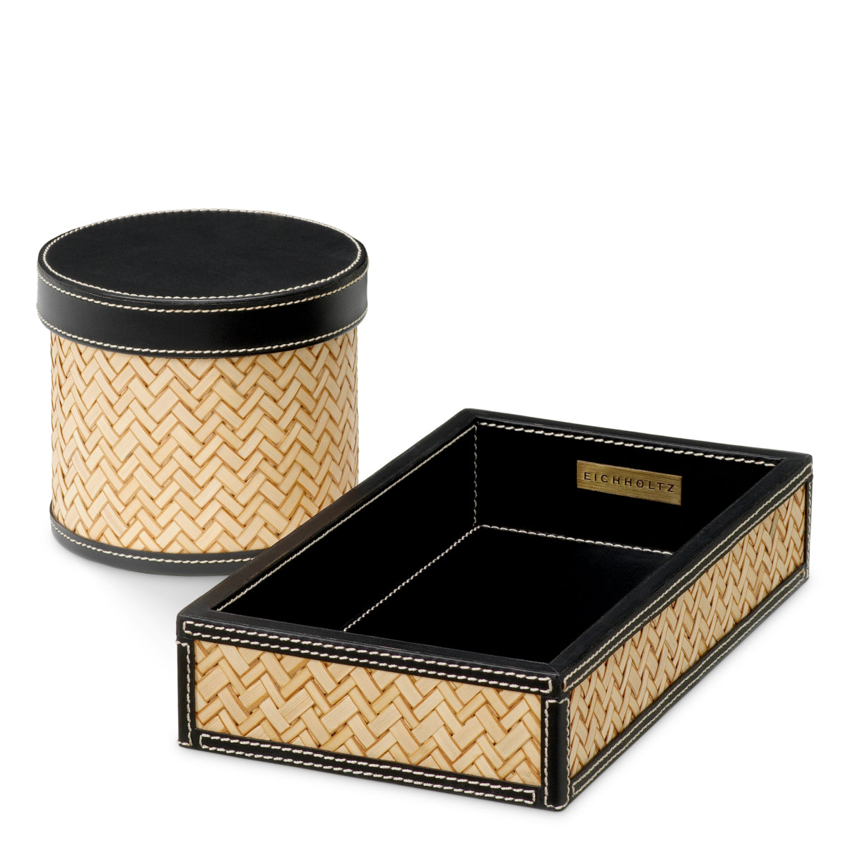 Set de birou Taos, piele neagră, ratan natural, set de 2