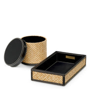 Set de birou Taos, piele neagră, ratan natural, set de 2