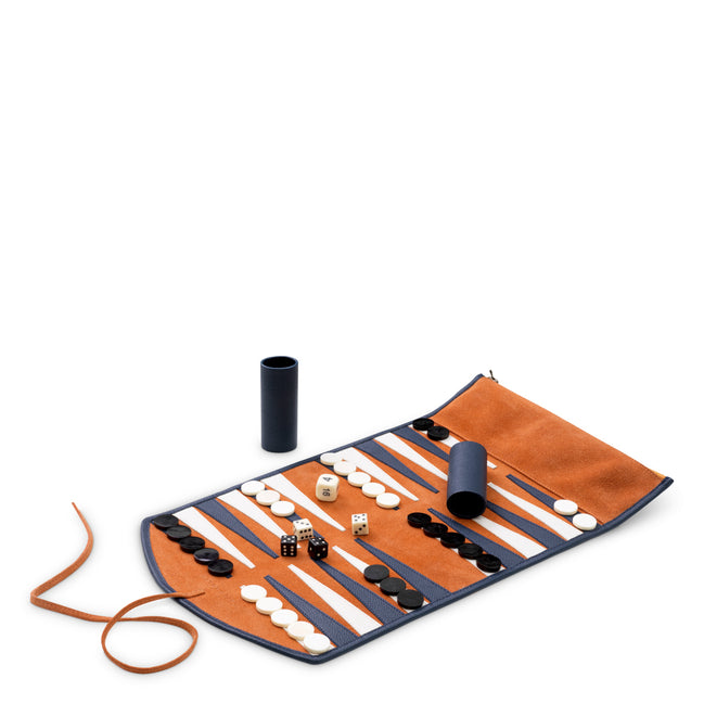 Set de călătorie Backgammon Monte Lago, piele albastră, piele întoarsă portocalie
