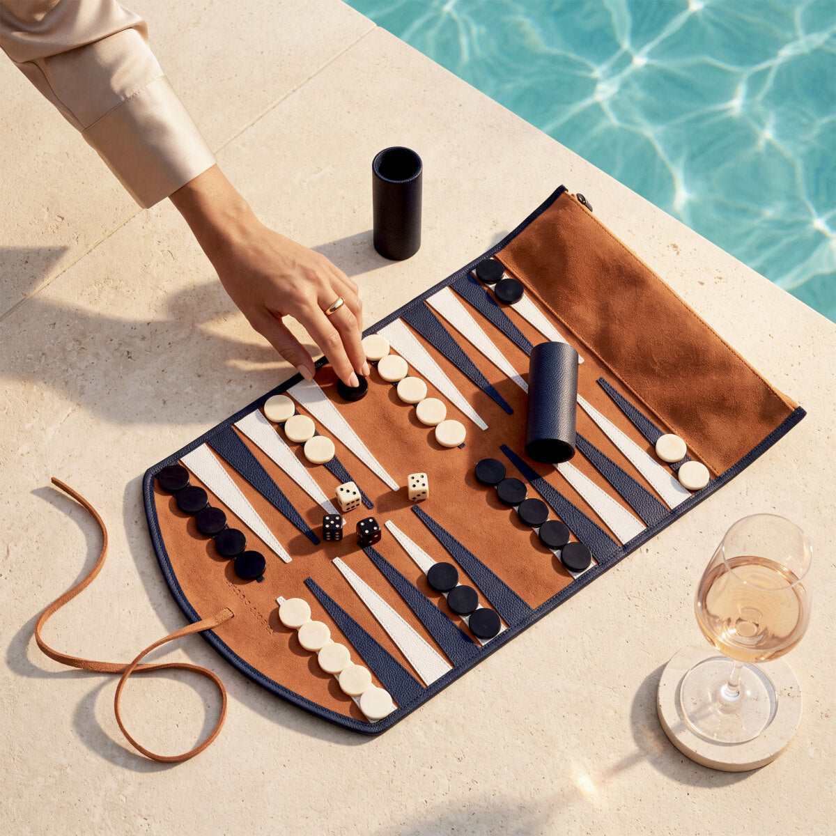 Set de călătorie Backgammon Monte Lago, piele albastră, piele întoarsă portocalie