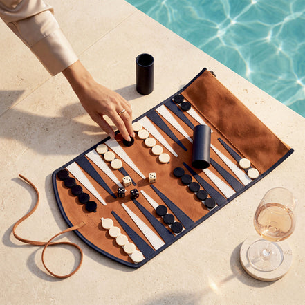 Set de călătorie Backgammon Monte Lago, piele albastră, piele întoarsă portocalie