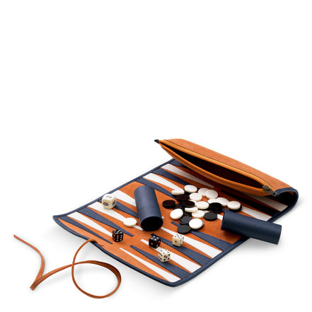 Set de călătorie Backgammon Monte Lago, piele albastră, piele întoarsă portocalie