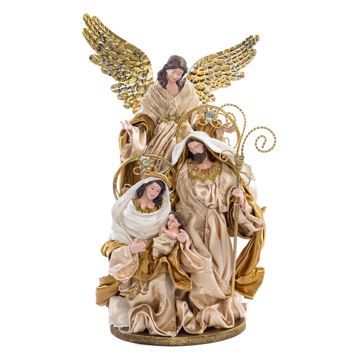 Sfânta Familie cu înger pe bază, din textil, crem/auriu, 34 cm