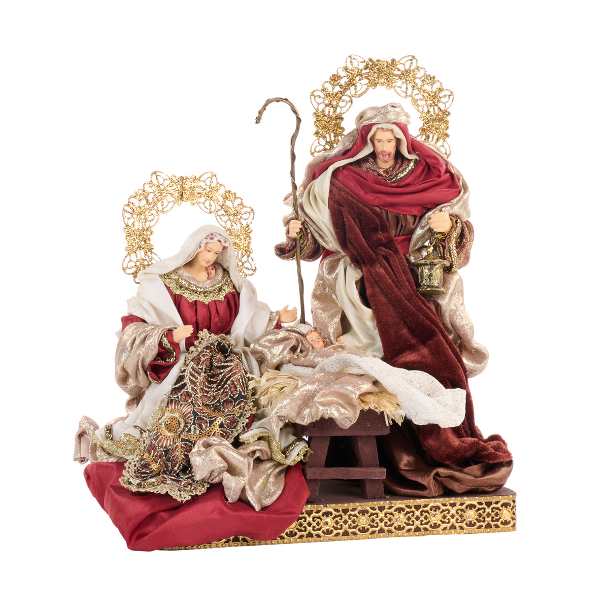 Sfânta Familie pe bază, din textil și metal, maro/burgund, 34,5 cm
