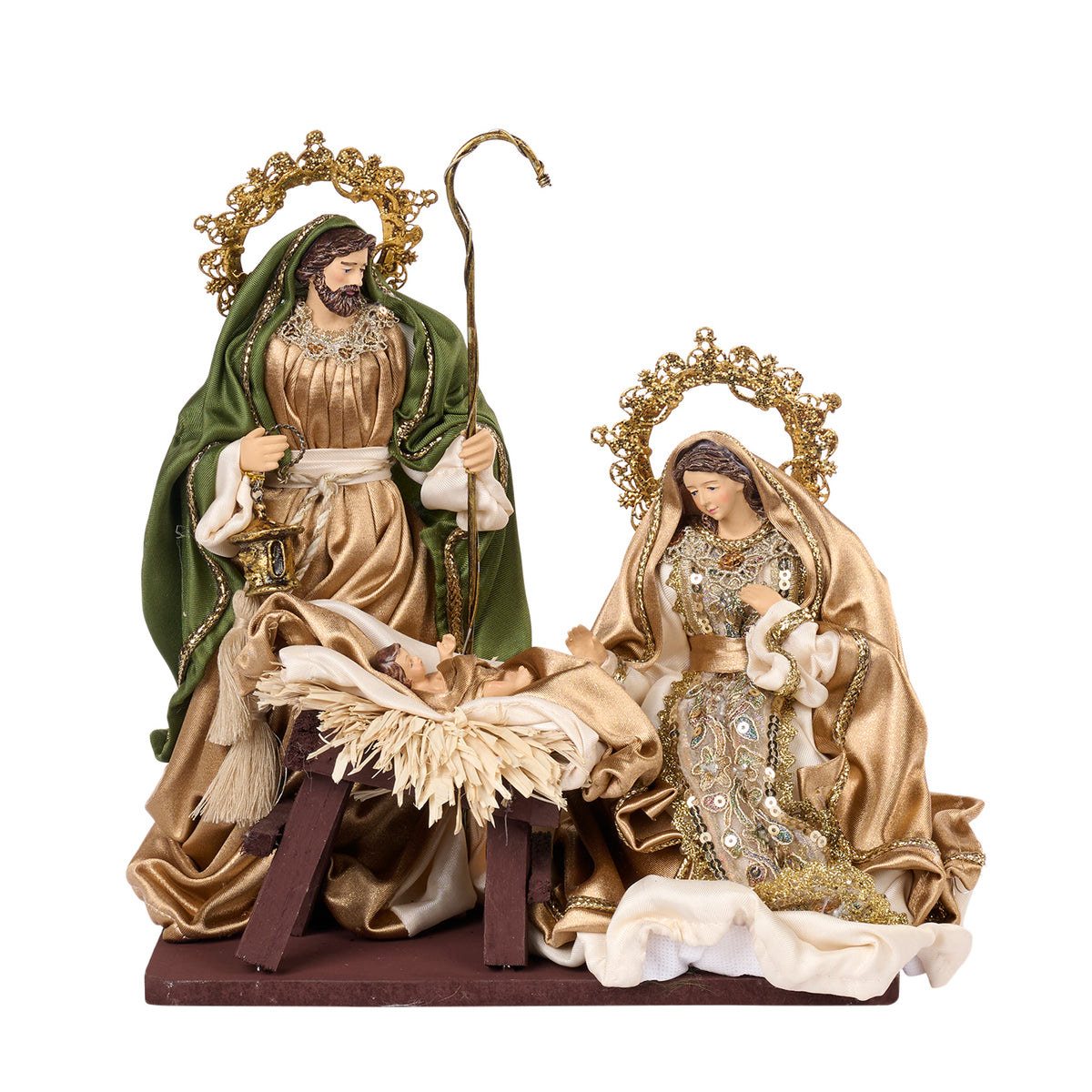 Sfânta Familie pe bază, din textil și metal, verde/crem/șampanie, 29 cm