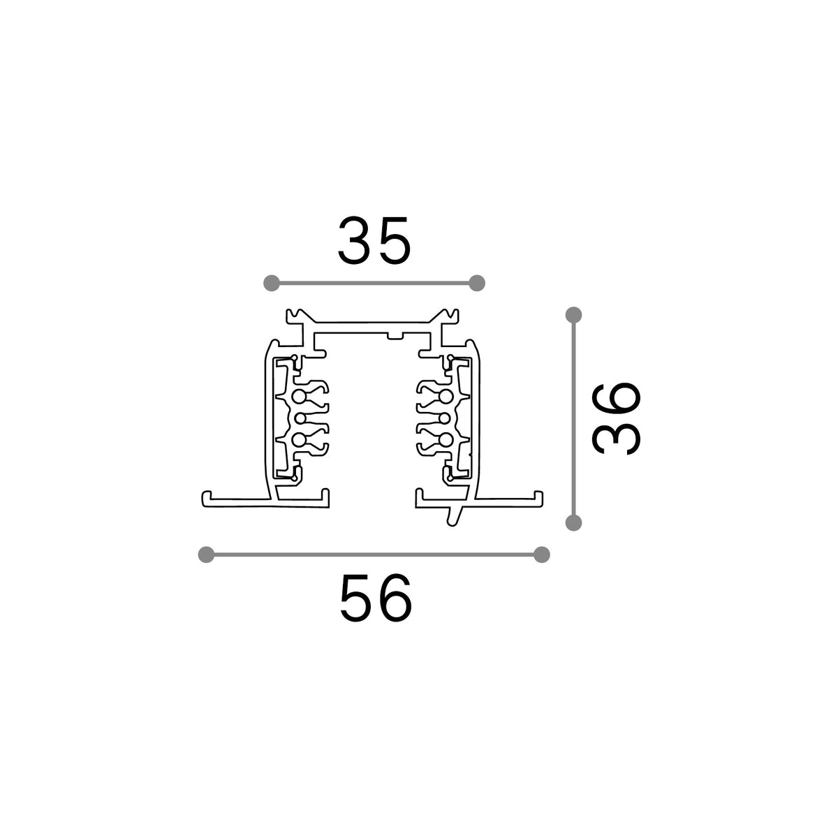 Șină trifazată Link cu ramă 2 m 1-10V/DALI, alb – desen tehnic cu dimensiuni
