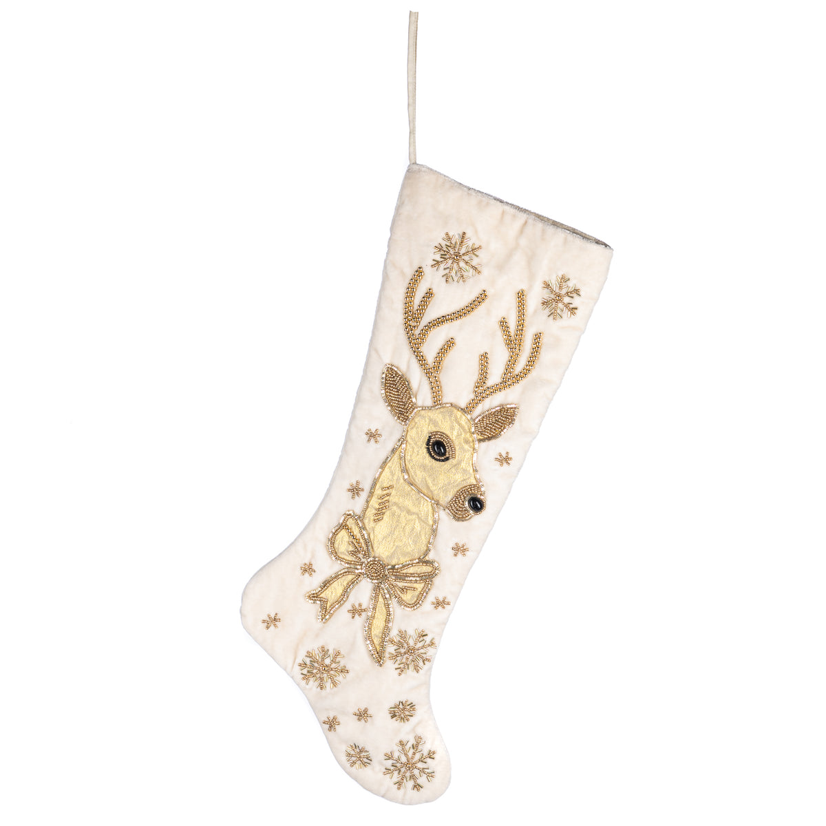 Șosetă de Crăciun din textil cu cerb, crem/auriu, 54 cm