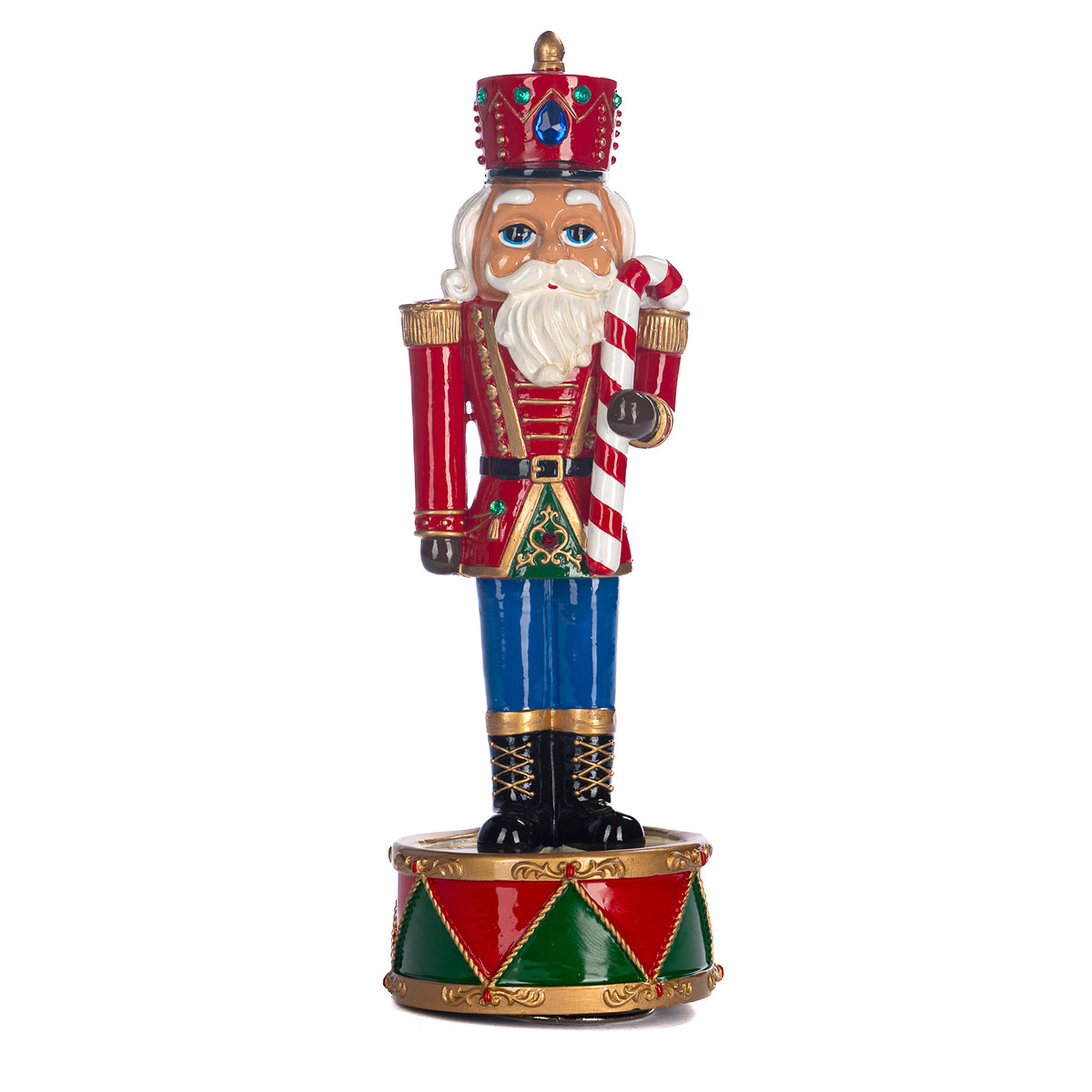 Spărgător de nuci muzical și cu mișcare, cu bastonaș, pe tobă, roșu, 30 cm