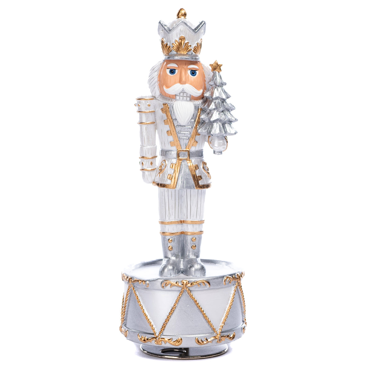 Spărgător de nuci muzical și cu mișcare, cu brad, pe tobă, alb, 22 cm