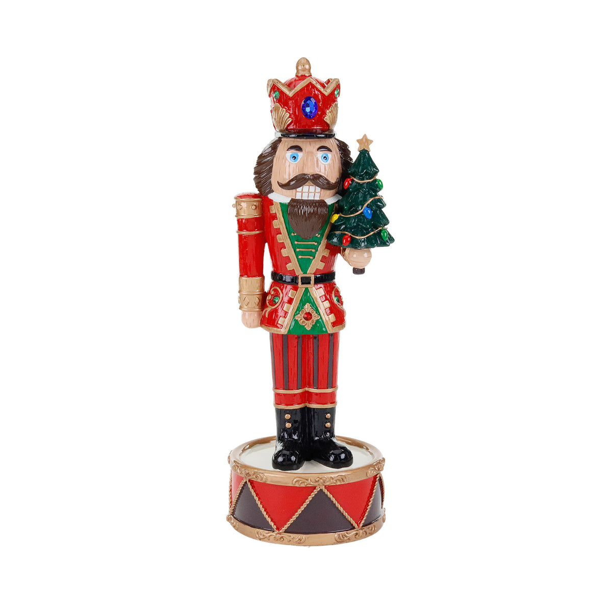 Spărgător de nuci muzical și cu mișcare, cu brad, pe tobă, roșu, 30 cm