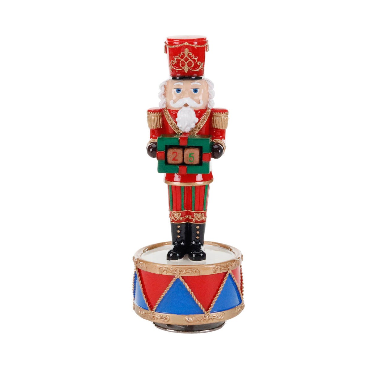 Spărgător de nuci muzical și cu mișcare, cu cadou, pe tobă, roșu, 22 cm