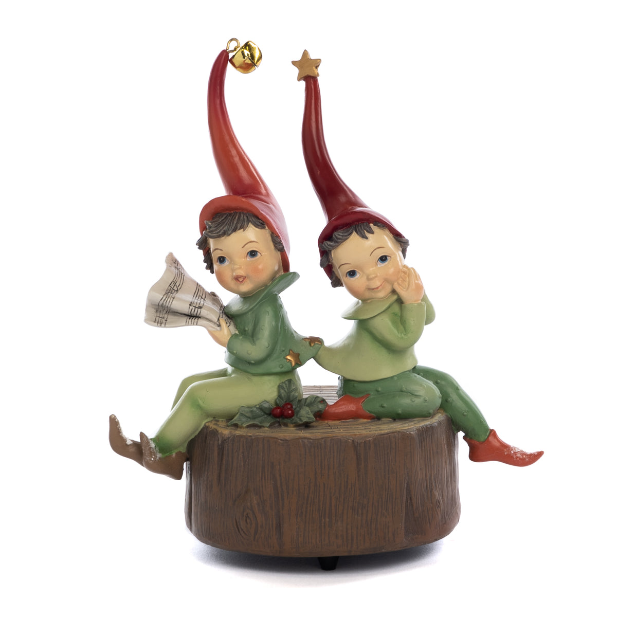 Spiriduși ajutători de Crăciun pe trunchi, maro/verde, 19 cm