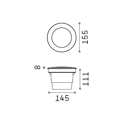 Spot încastrat de exterior Way FI D155 rotund fascicul larg – desen tehnic cu dimensiuni