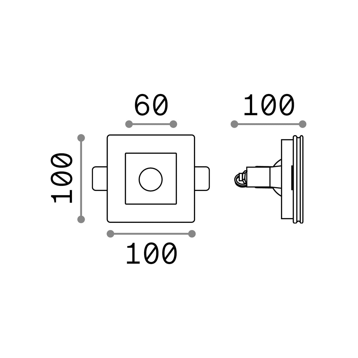 Spot încastrat Samba FI D60 pătrat – desen tehnic cu dimensiuni