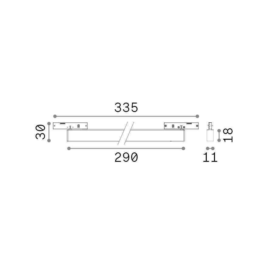 Spot pe șină Deva fascicul concentrat 14W 4000K, negru – desen tehnic cu dimensiuni