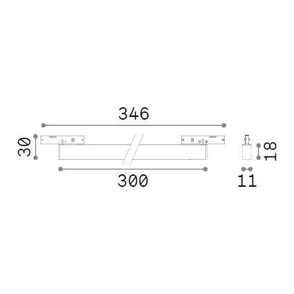 Spot pe șină Deva fascicul larg exterior 8W 3000K, negru – desen tehnic cu dimensiuni