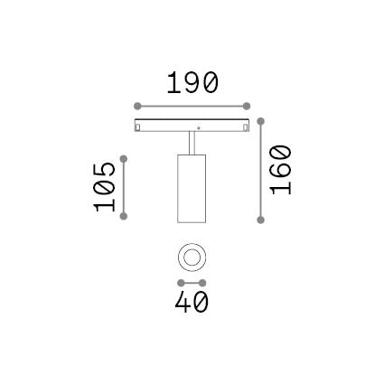 Spot pe șină Ego simplu 12W 2700K On-Off, negru – desen tehnic cu dimensiuni