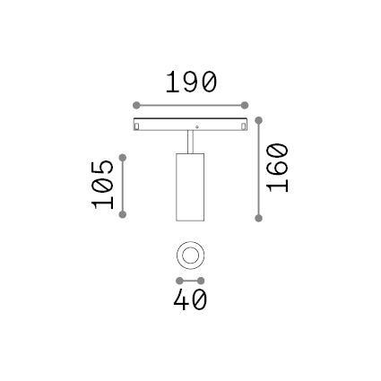 Spot pe șină Ego simplu 12W 3000K 1-10V, alb – desen tehnic cu dimensiuni