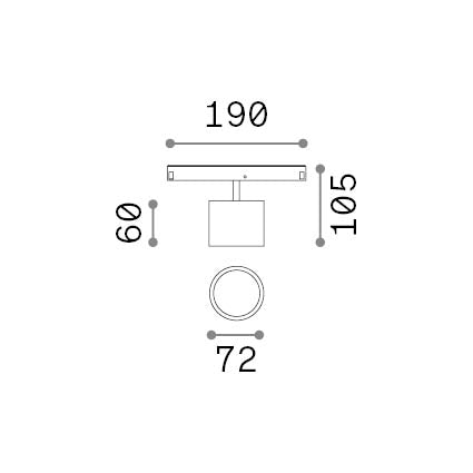Spot pe șină Ego simplu mare 10W 3000K On-Off, alb – desen tehnic cu dimensiuni