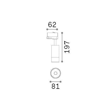 Spot pe șină monofazată Eos TR 15W 3000K On-Off, negru – desen tehnic cu dimensiuni