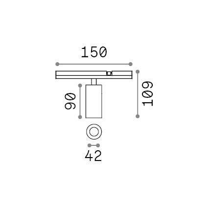 Spot pe șină Stick simplu 10W 3000K, negru – desen tehnic cu dimensiuni