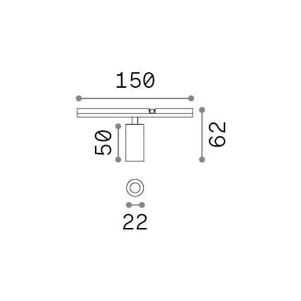 Spot pe șină Stick simplu 3W 2700K, negru – desen tehnic cu dimensiuni