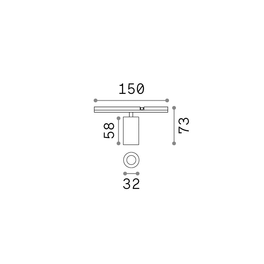 Spot pe șină Stick simplu 5W 3000K, alb – desen tehnic cu dimensiuni