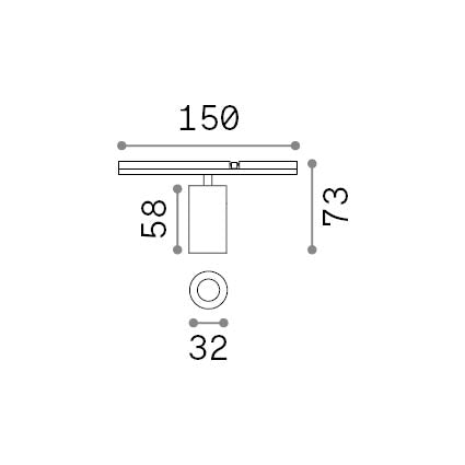 Spot pe șină Stick simplu 5W 3000K, negru – desen tehnic cu dimensiuni