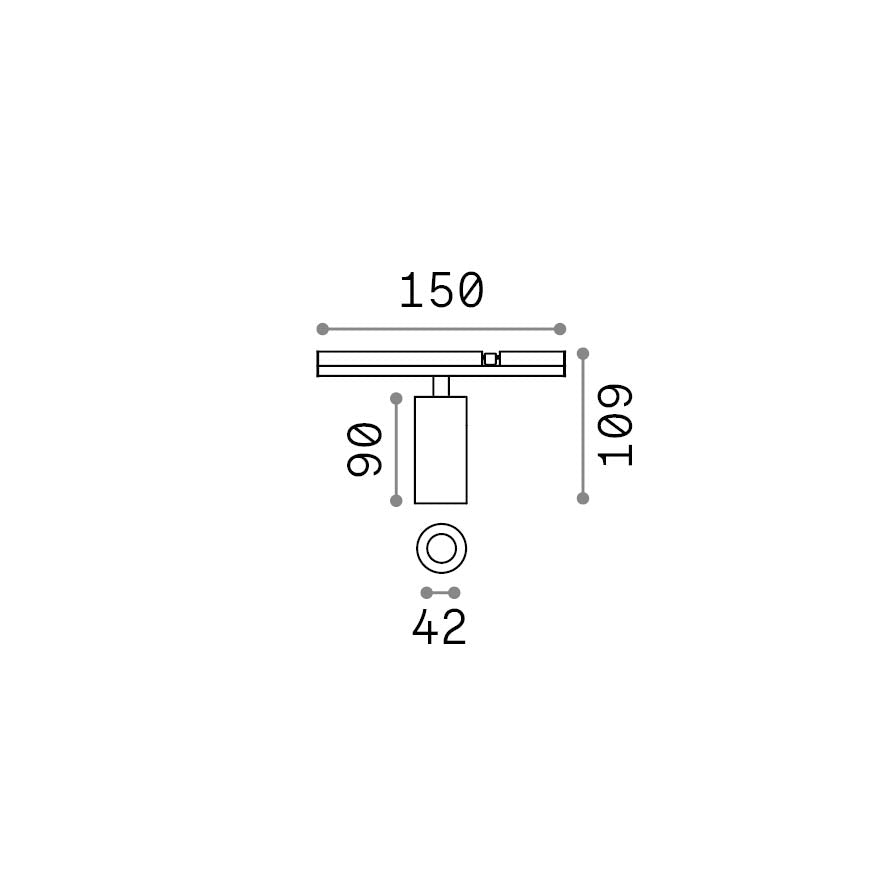Spot pe șină Stick simplu 7W 3000K, alb – desen tehnic cu dimensiuni