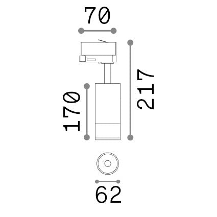 Spot pe șină trifazată Eos TR 15W 4000K On-Off, alb – desen tehnic cu dimensiuni