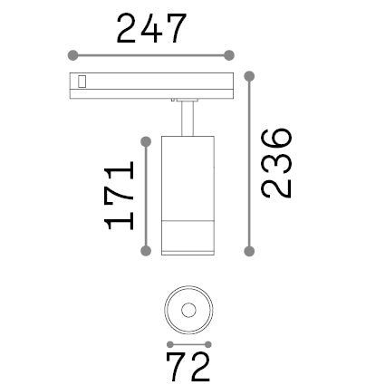 Spot pe șină trifazată Eos TR 25W 3000K DALI, alb – desen tehnic cu dimensiuni