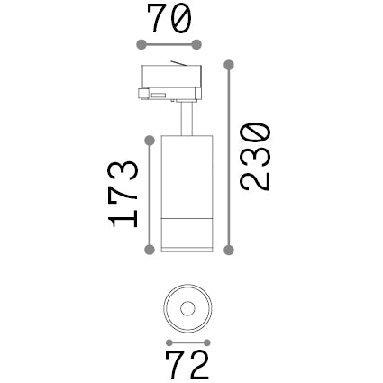 Spot pe șină trifazată Eos TR 25W 3000K On-Off, alb – desen tehnic cu dimensiuni