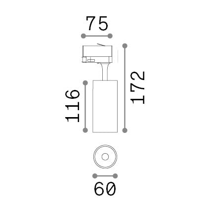 Spot pe șină trifazată Fox TR 15W CRI90 4000K On-Off, alb – desen tehnic cu dimensiuni