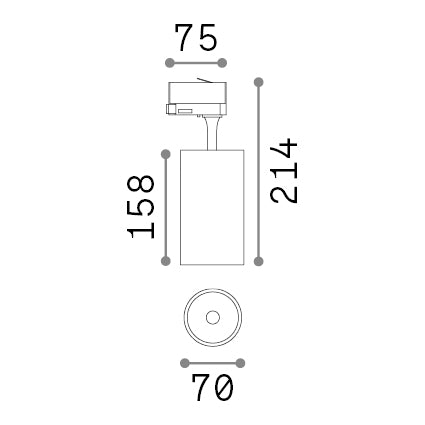 Spot pe șină trifazată Fox TR 25W CRI80 4000K On-Off, alb – desen tehnic cu dimensiuni